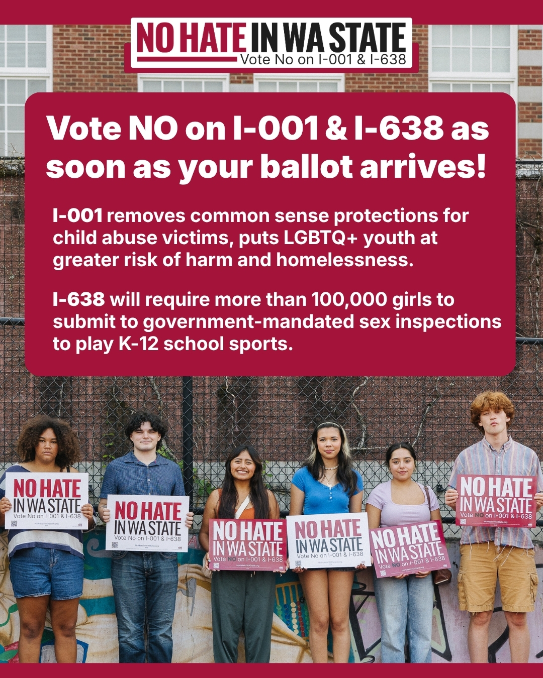A picture of young people holding signs opposing I-001 and I-638.